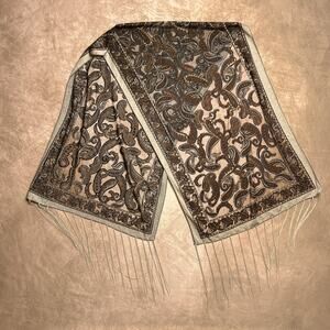Vintage 90s Paisley Burnout Fringe Scarf Metallic Glitter Brown Burlesque Witchy